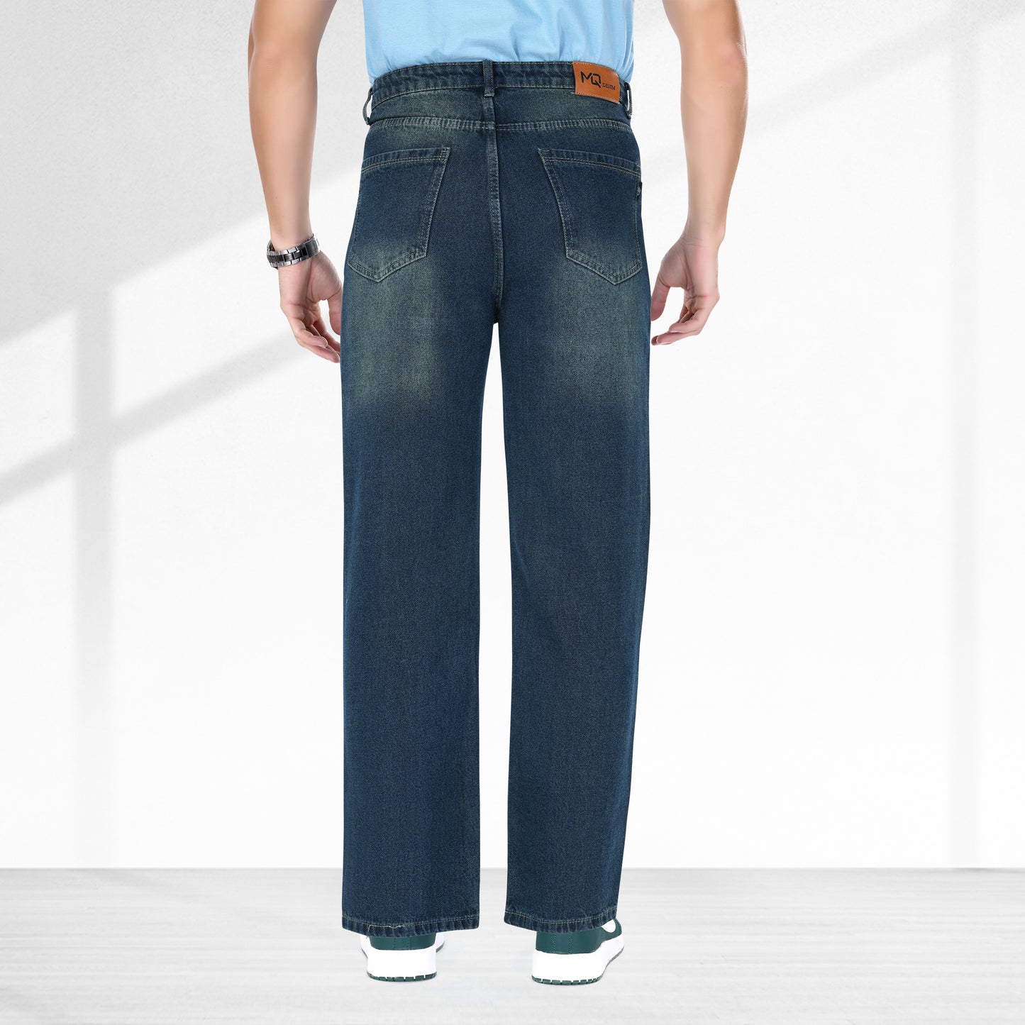 MQ Denim Knee Slit Distressed Dark Blue Loose Fit Relaxed Non-Stretchable 100% Cotton Mid Rise Men's Jeans