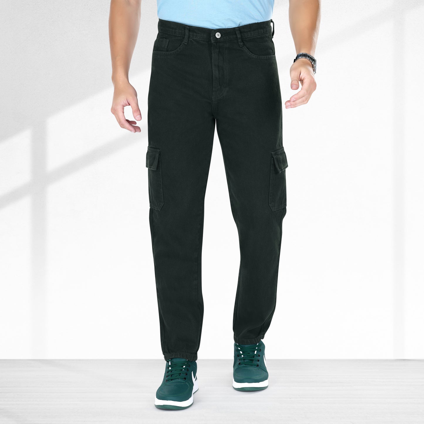 MQ Denim Men's Tapered Fit 6-Pocket Cargo Mid Rise Dark Green Jeans, Non-Stretchable and Pure Cotton Denim. Trendy and Comfortable Casual Wear