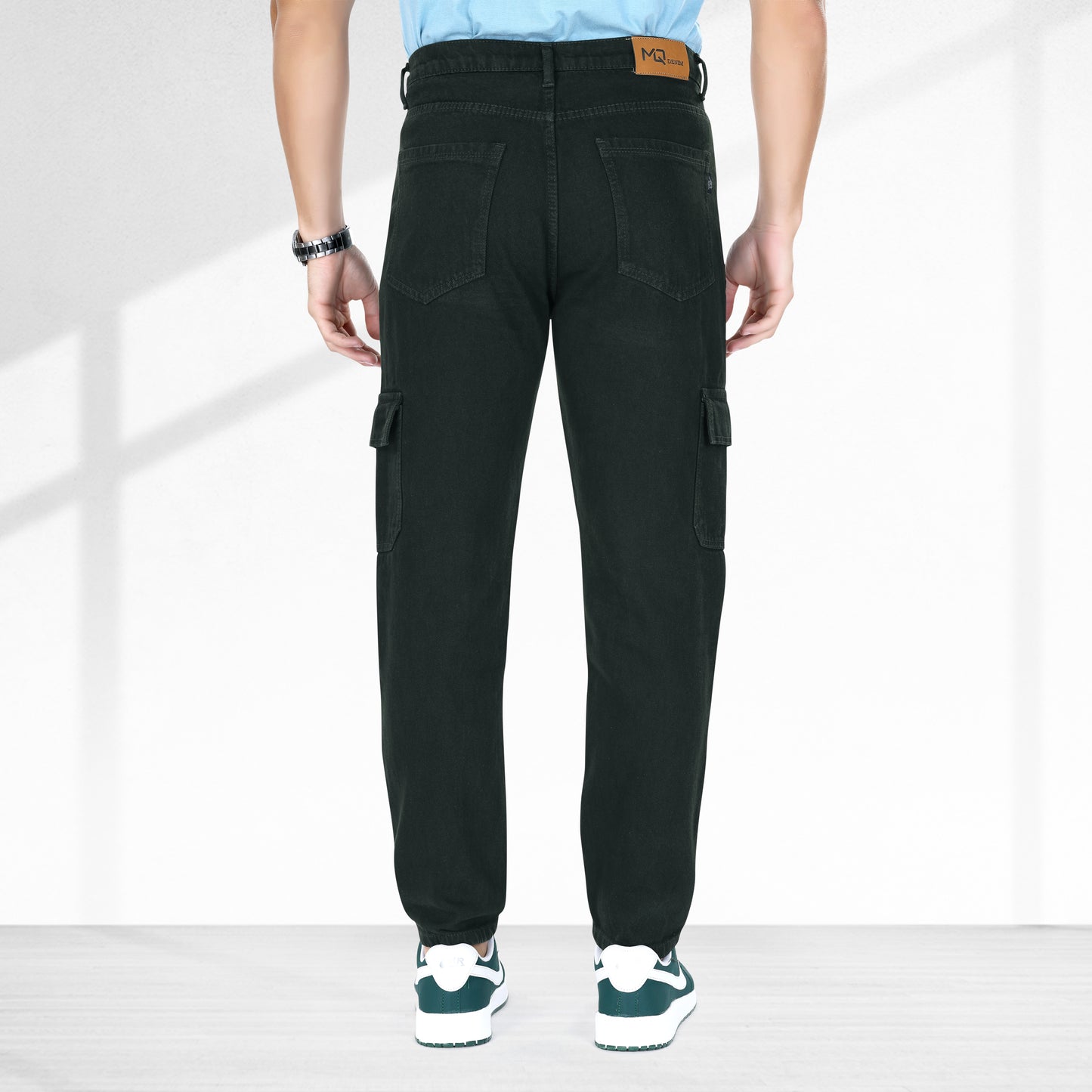 MQ Denim Men's Tapered Fit 6-Pocket Cargo Mid Rise Dark Green Jeans, Non-Stretchable and Pure Cotton Denim. Trendy and Comfortable Casual Wear