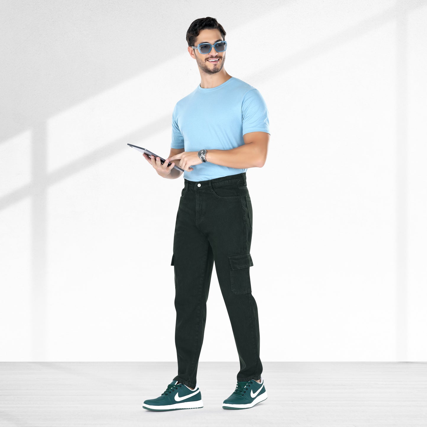 MQ Denim Men's Tapered Fit 6-Pocket Cargo Mid Rise Dark Green Jeans, Non-Stretchable and Pure Cotton Denim. Trendy and Comfortable Casual Wear