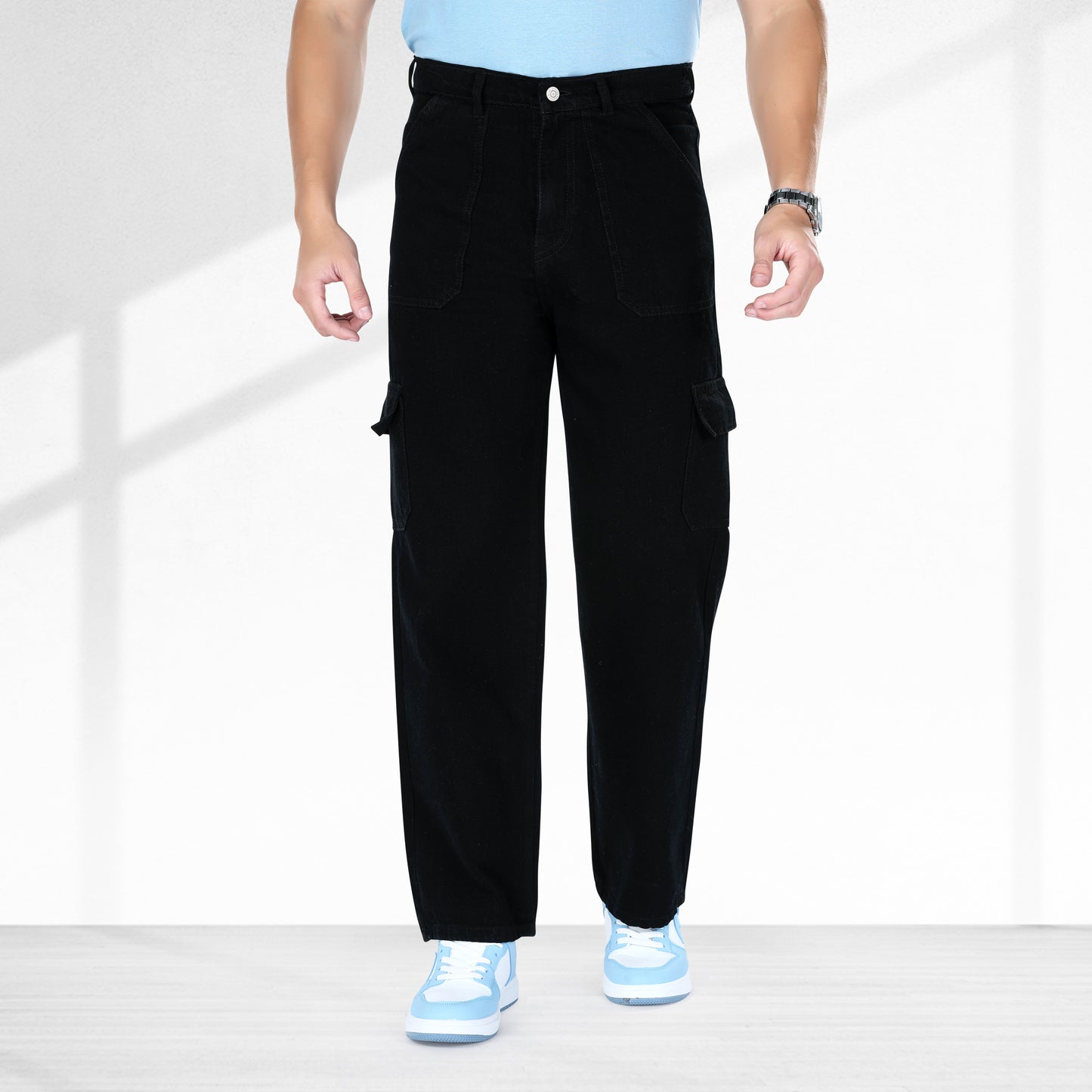 MQ Denim Men's Straight Leg 6-Pocket Mid Rise Cargo Jeans, Non-Stretchable and Pure Cotton Denim. Trendy and Comfortable Casual Wear.