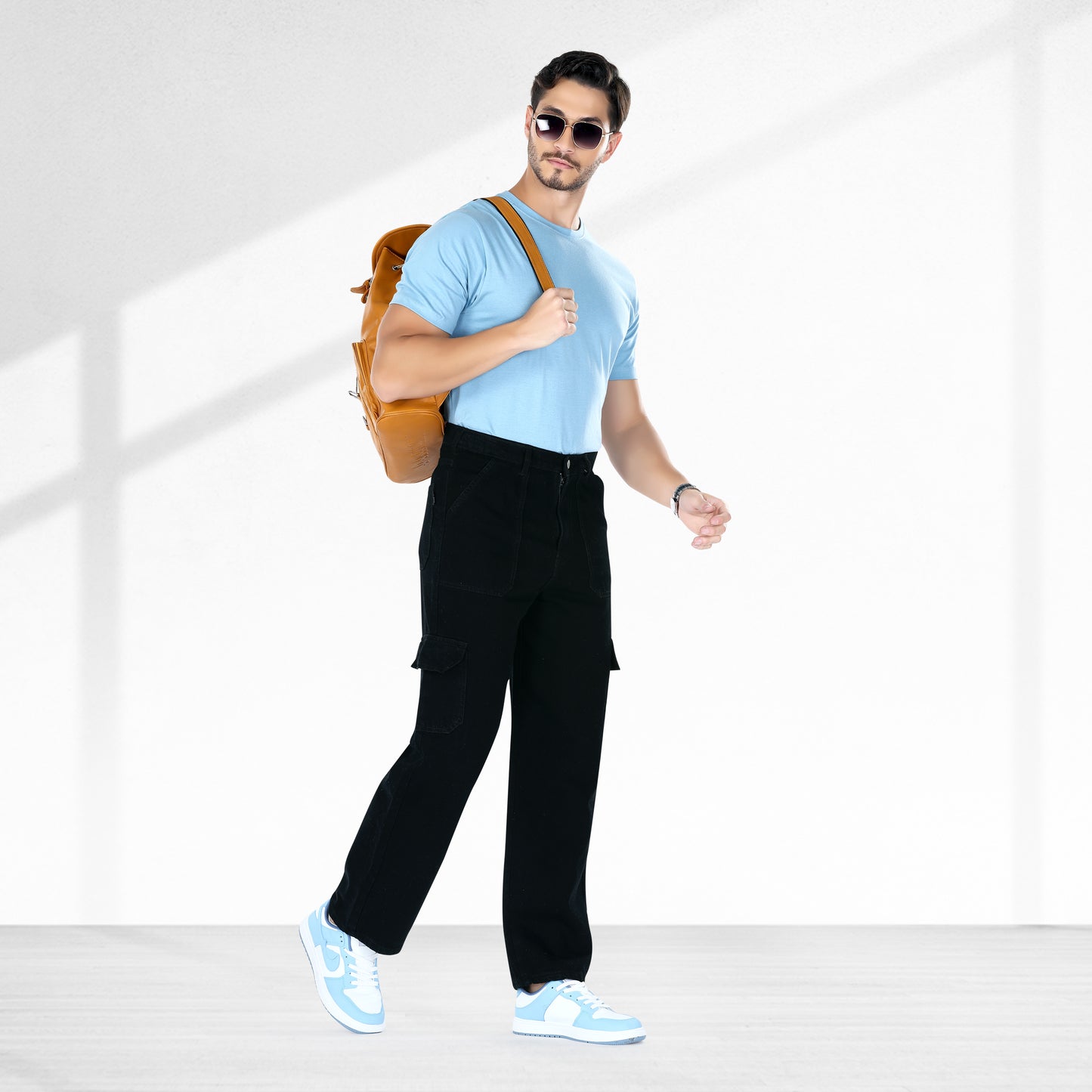 MQ Denim Men's Straight Leg 6-Pocket Mid Rise Cargo Jeans, Non-Stretchable and Pure Cotton Denim. Trendy and Comfortable Casual Wear.