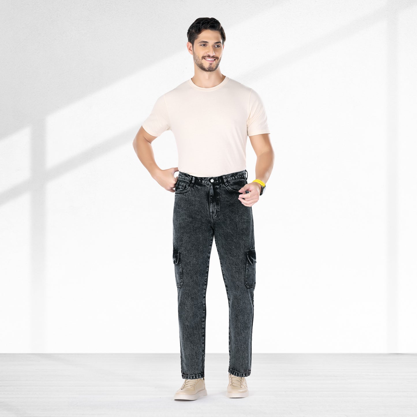 MQ Denim Men's Tapered Fit 6-Pocket Cargo Mid Rise Charcoal Black Jeans, Non-Stretchable and Pure Cotton Denim. Trendy and Comfortable Casual Wear.