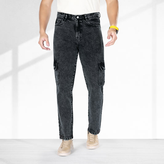 MQ Denim Men's Tapered Fit 6-Pocket Cargo Mid Rise Charcoal Black Jeans, Non-Stretchable and Pure Cotton Denim. Trendy and Comfortable Casual Wear.