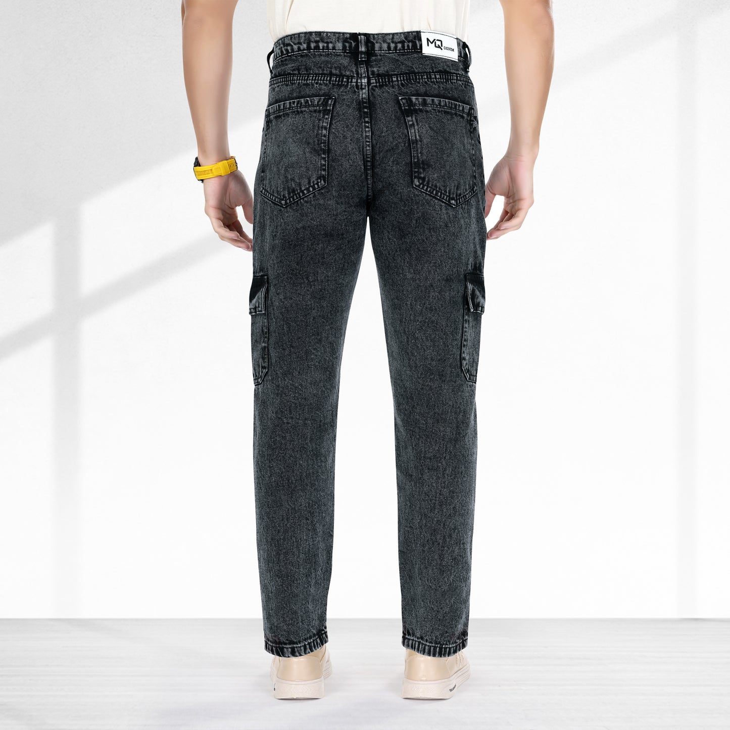 MQ Denim Men's Tapered Fit 6-Pocket Cargo Mid Rise Charcoal Black Jeans, Non-Stretchable and Pure Cotton Denim. Trendy and Comfortable Casual Wear.