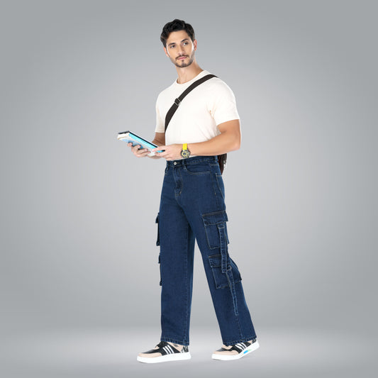 MQ Denim Men's Loose fit Mid Rise Dark Blue, Baggy Cargo Jeans Trendy and Stylish for Everyday wear.