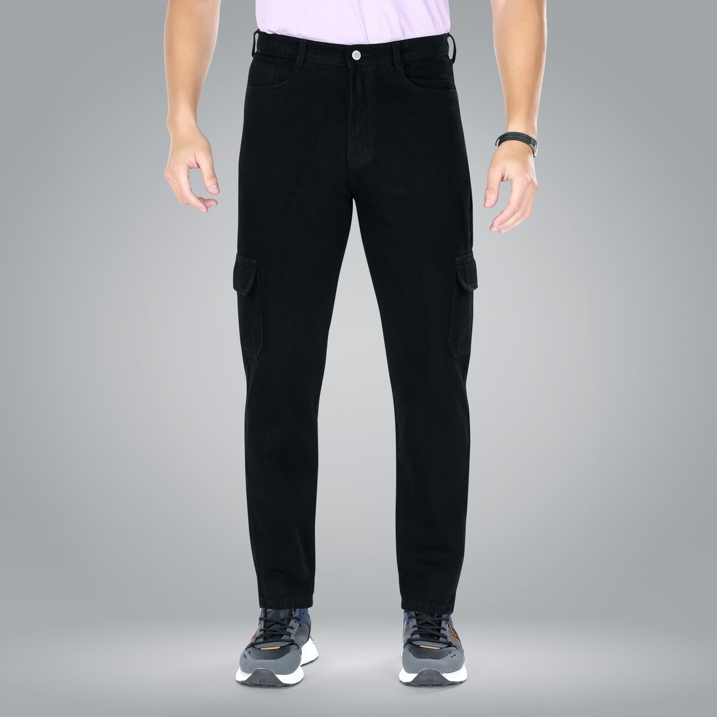 MQ Denim Men's Tapered Fit 6-Pocket Cargo Mid Rise Black Jeans, Non-Stretchable and Pure Cotton Denim. Trendy and Comfortable Casual Wear.