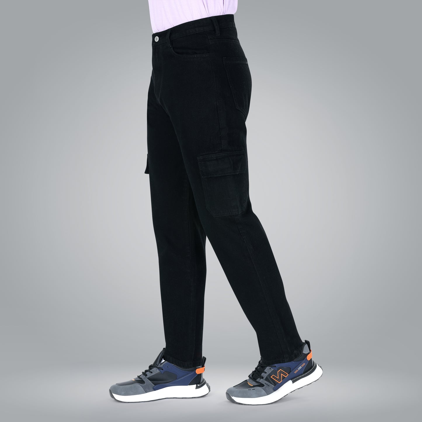 MQ Denim Men's Tapered Fit 6-Pocket Cargo Mid Rise Black Jeans, Non-Stretchable and Pure Cotton Denim. Trendy and Comfortable Casual Wear.