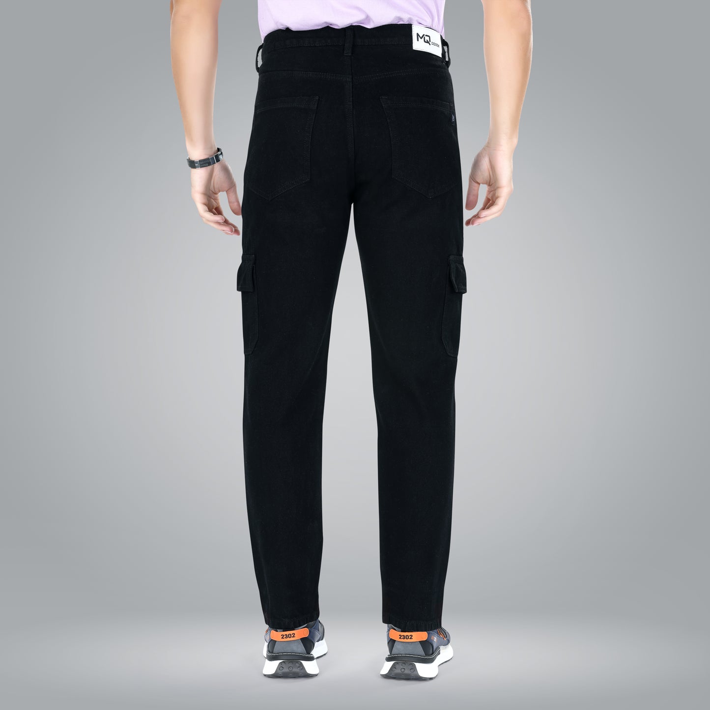 MQ Denim Men's Tapered Fit 6-Pocket Cargo Mid Rise Black Jeans, Non-Stretchable and Pure Cotton Denim. Trendy and Comfortable Casual Wear.