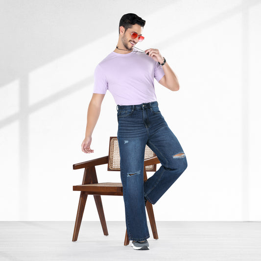 MQ Denim Knee Slit Distressed Blue Loose Fit Relaxed Non-Stretchable 100% Cotton Mid Rise Men's Jeans