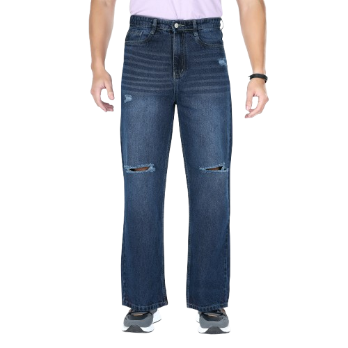 MQ Denim Knee Slit Distressed Blue Loose Fit Relaxed Non-Stretchable 100% Cotton Mid Rise Men's Jeans