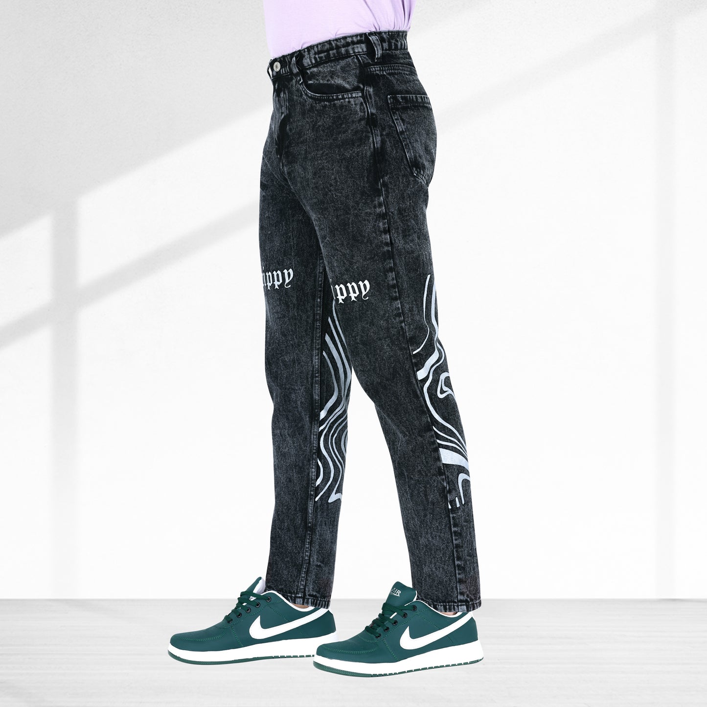 MQ Denim Men's Stylish Printed Mid Rise Charcoal Black Straight Fit Pure Cotton Non-Stretchable Jeans