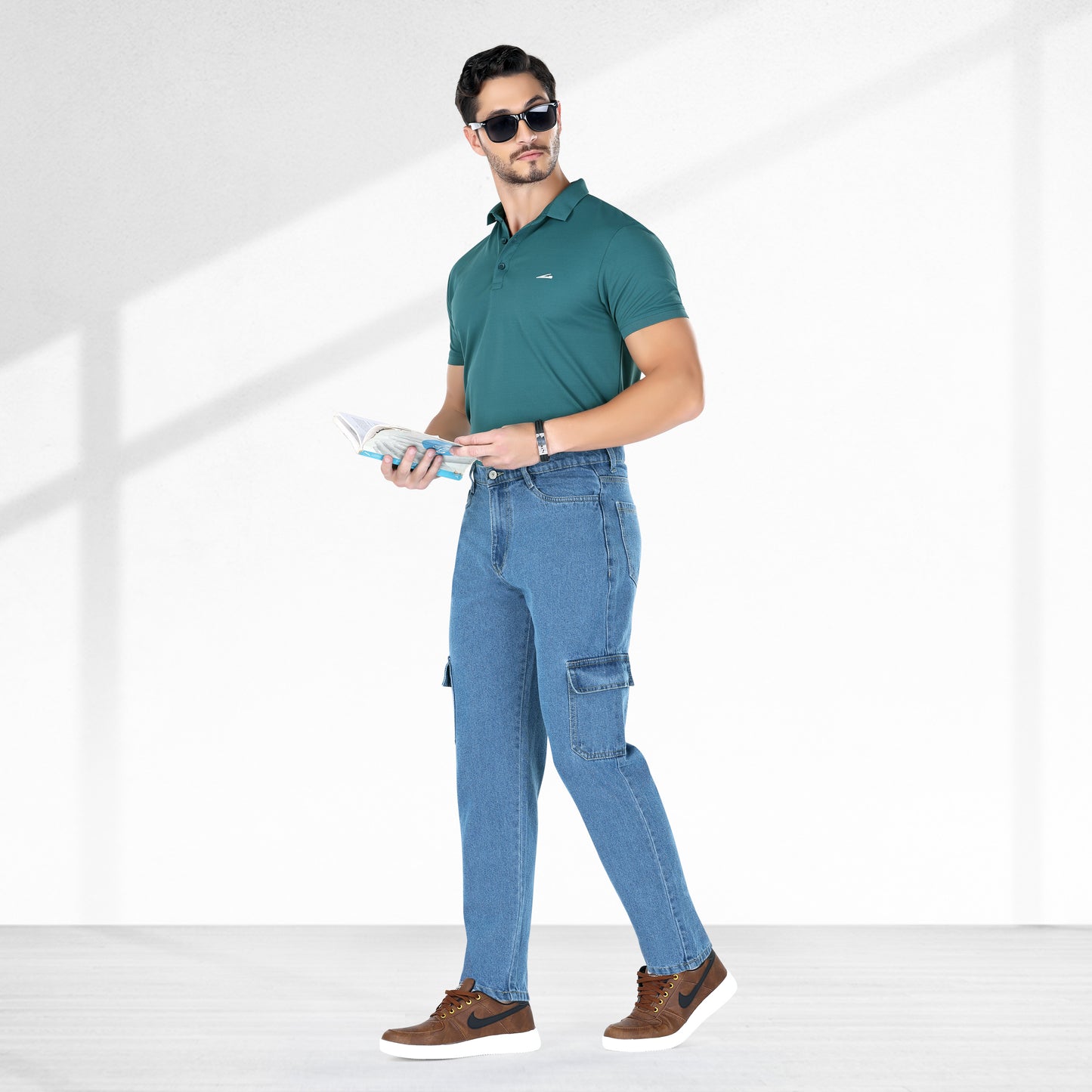 MQ Denim Men's Tapered Fit 6-Pocket Cargo Mid Rise Stone Blue Jeans, Non-Stretchable and Pure Cotton Denim. Trendy and Comfortable Casual Wear.