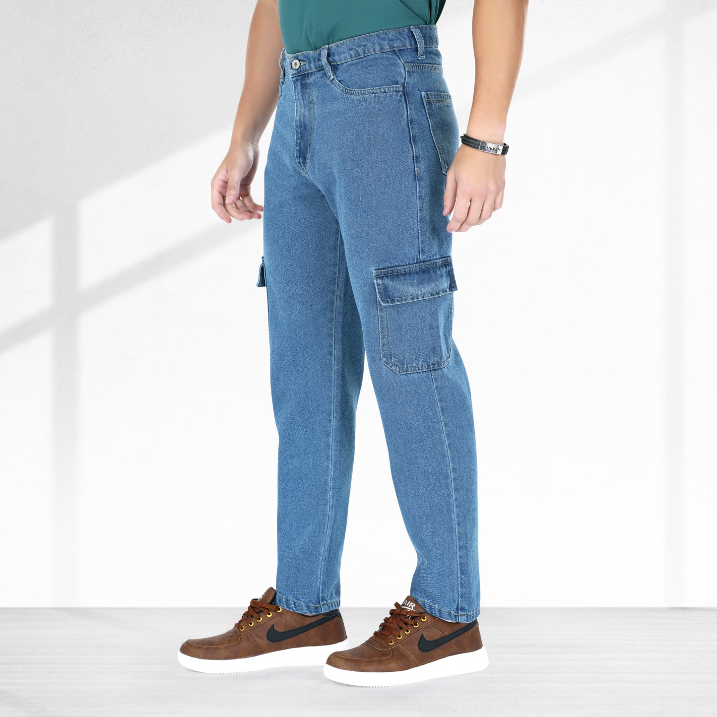 MQ Denim Men's Tapered Fit 6-Pocket Cargo Mid Rise Stone Blue Jeans, Non-Stretchable and Pure Cotton Denim. Trendy and Comfortable Casual Wear.