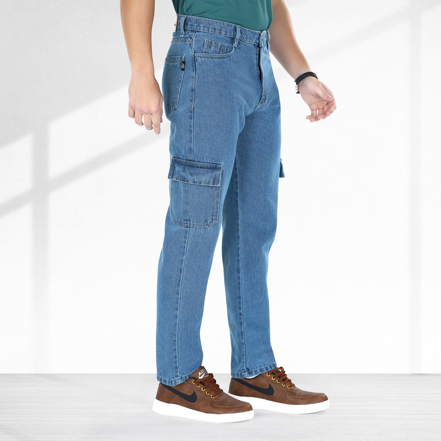 MQ Denim Men's Tapered Fit 6-Pocket Cargo Mid Rise Stone Blue Jeans, Non-Stretchable and Pure Cotton Denim. Trendy and Comfortable Casual Wear.