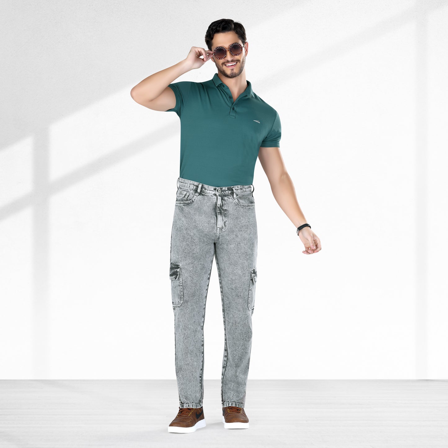 MQ Denim Men's Tapered Fit 6-Pocket Cargo Mid Rise Grey Ballblast Jeans, Non-Stretchable and Pure Cotton Denim. Trendy and Comfortable Casual Wear.