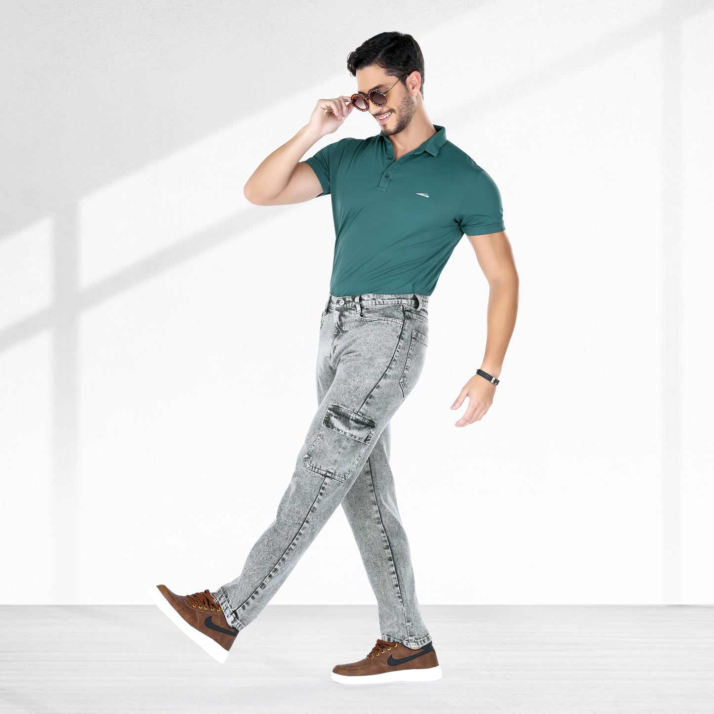 MQ Denim Men's Tapered Fit 6-Pocket Cargo Mid Rise Grey Ballblast Jeans, Non-Stretchable and Pure Cotton Denim. Trendy and Comfortable Casual Wear.