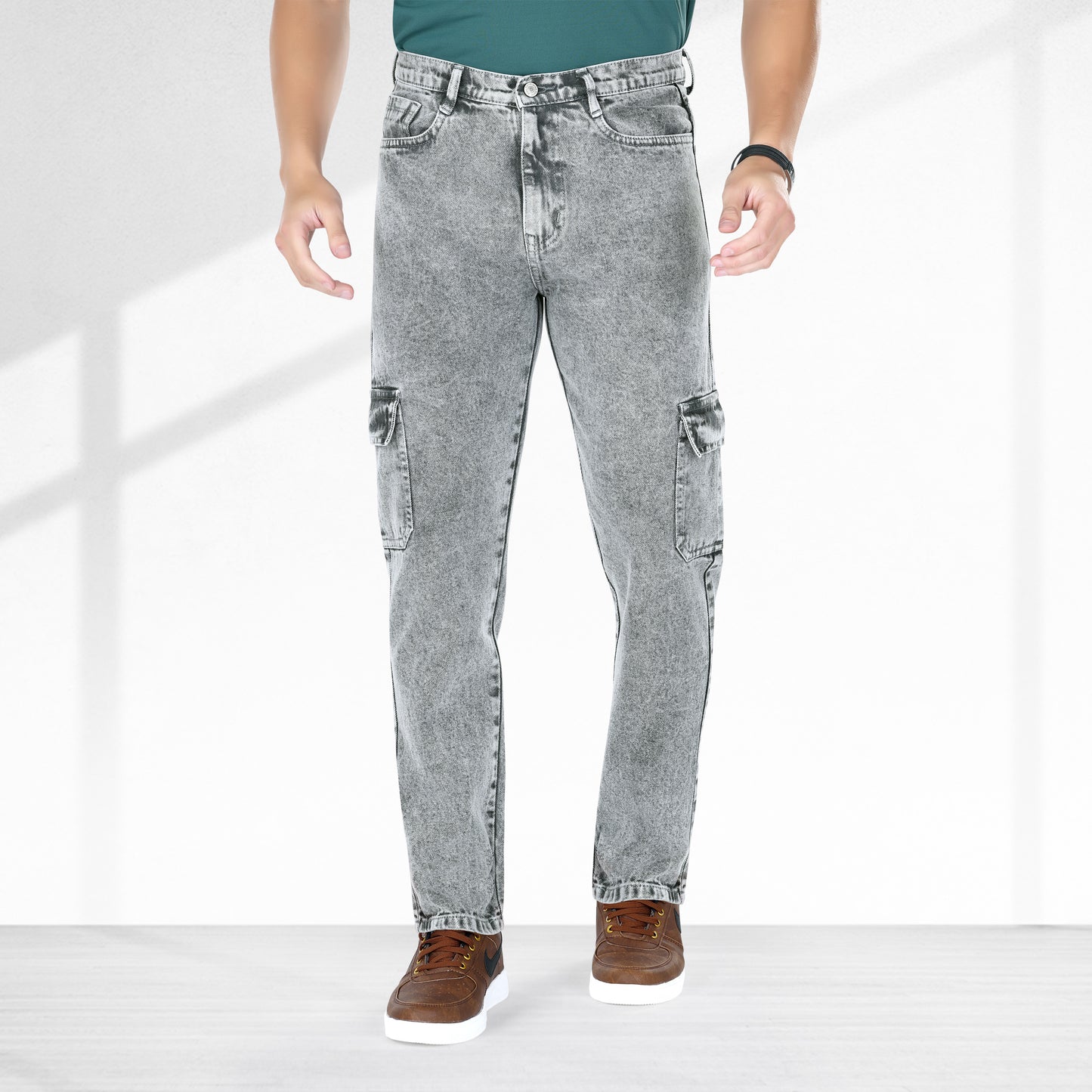 MQ Denim Men's Tapered Fit 6-Pocket Cargo Mid Rise Grey Ballblast Jeans, Non-Stretchable and Pure Cotton Denim. Trendy and Comfortable Casual Wear.