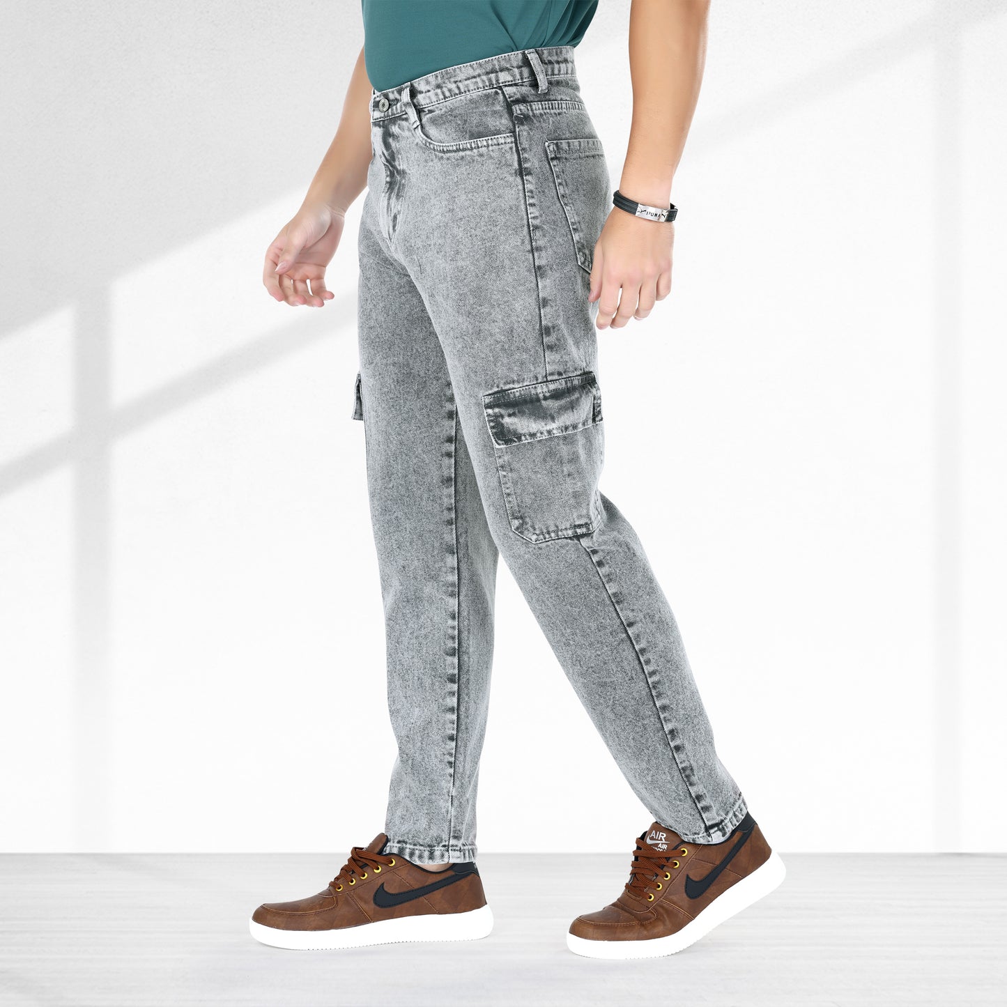 MQ Denim Men's Tapered Fit 6-Pocket Cargo Mid Rise Grey Ballblast Jeans, Non-Stretchable and Pure Cotton Denim. Trendy and Comfortable Casual Wear.