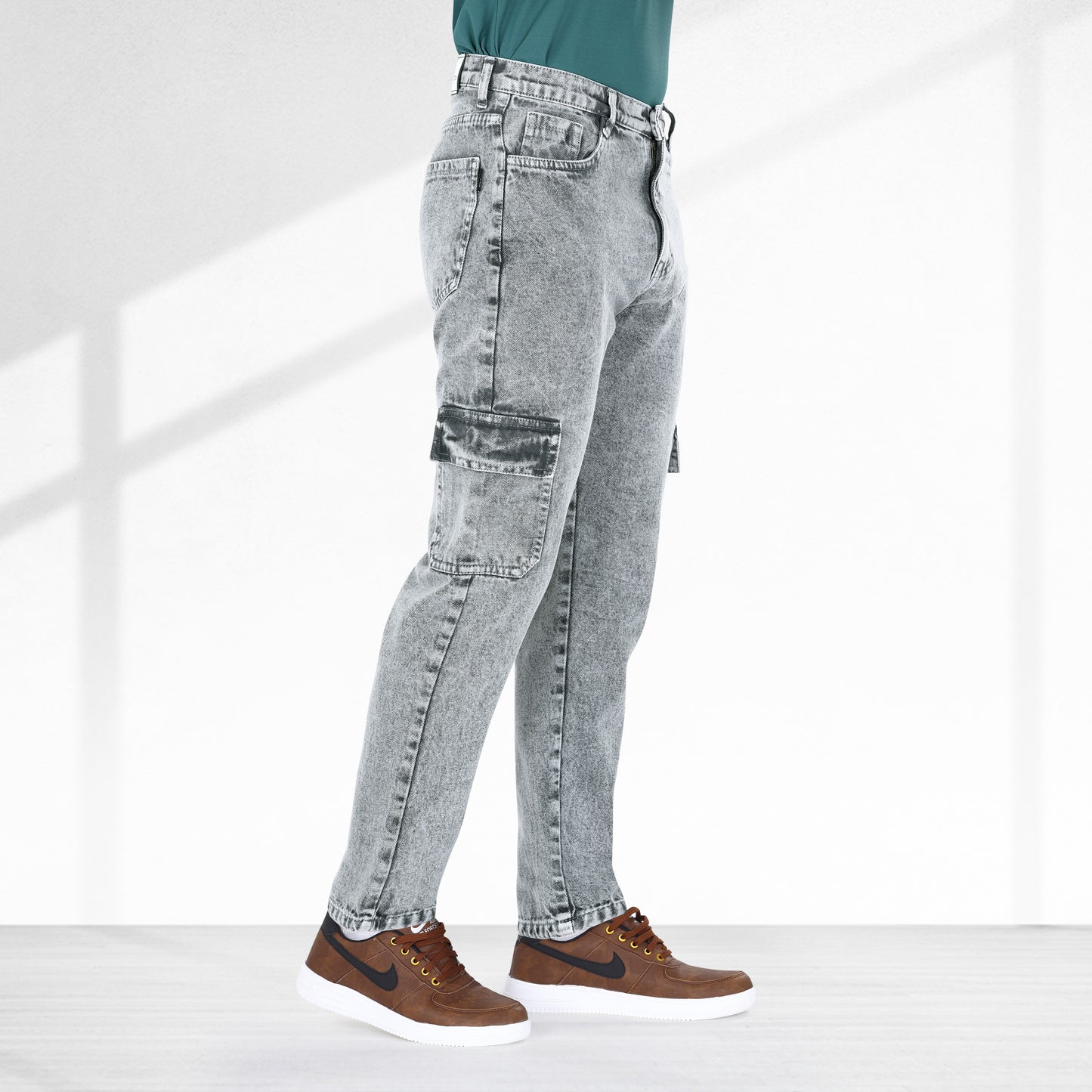 MQ Denim Men's Tapered Fit 6-Pocket Cargo Mid Rise Grey Ballblast Jeans, Non-Stretchable and Pure Cotton Denim. Trendy and Comfortable Casual Wear.