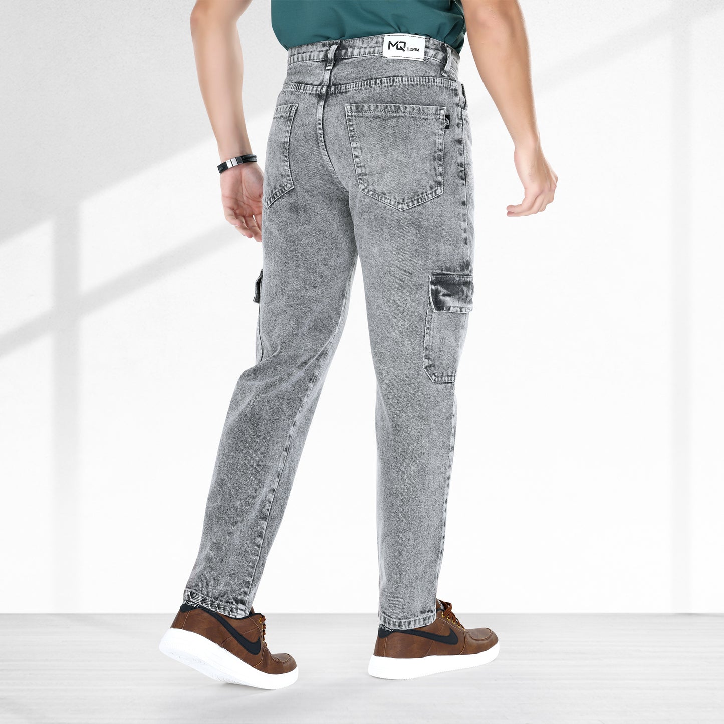 MQ Denim Men's Tapered Fit 6-Pocket Cargo Mid Rise Grey Ballblast Jeans, Non-Stretchable and Pure Cotton Denim. Trendy and Comfortable Casual Wear.