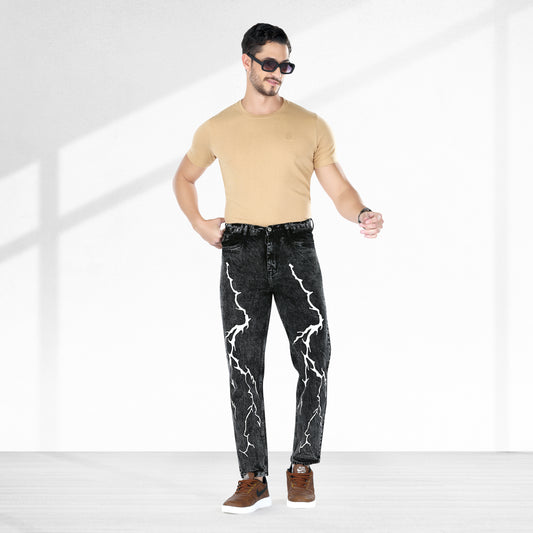 MQ Denim Straight Fit Non-Stretchable Black Mid Rise Lightening Printed Pure Cotton Premium Fabric Men's Jeans