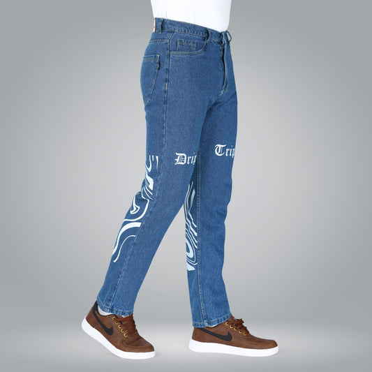 MQ Denim Men's Stylish Printed Mid Rise Blue Straight Fit Pure Cotton Non-Stretchable Jeans