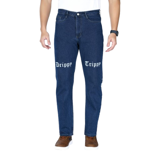 MQ Denim Men's Stylish Printed Mid Rise Dark Blue Straight Fit Pure Cotton Non-Stretchable Jeans