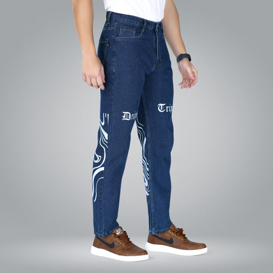 MQ Denim Men's Stylish Printed Mid Rise Dark Blue Straight Fit Pure Cotton Non-Stretchable Jeans