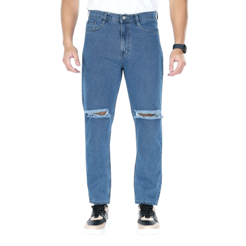 MQ Denim Non-Stretchable Blue Straight Fit Knee Ripped Distressed Stylish Mid Rise Pure Cotton Fabric Men's Jeans Offered in Various Shades