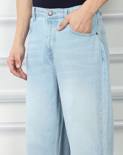 M Q Jeans Men’s Straight Fit Loose Denim Jeans | Mid Wash Whisker Spray | Heavy Cotton Casual Wear | Ice Blue