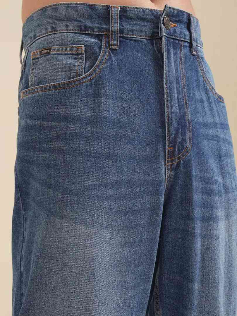 M Q Jeans Men’s Straight Fit Loose Denim Jeans | Mid Wash Whisker Spray | Heavy Cotton Casual Wear | Stone Blue