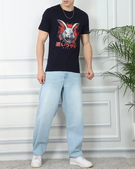 M Q Jeans Men’s Straight Fit Loose Denim Jeans | Mid Wash Whisker Spray | Heavy Cotton Casual Wear | Ice Blue