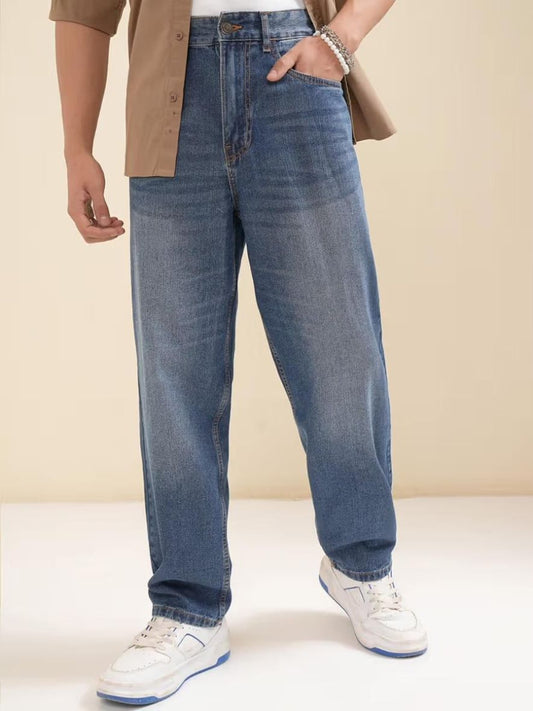 M Q Jeans Men’s Straight Fit Loose Denim Jeans | Mid Wash Whisker Spray | Heavy Cotton Casual Wear | Stone Blue