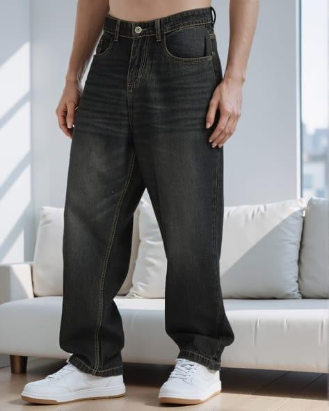 M Q Jeans Men’s Straight Fit Loose Denim Jeans | Mid Wash Whisker Spray | Heavy Cotton Casual Wear | Black