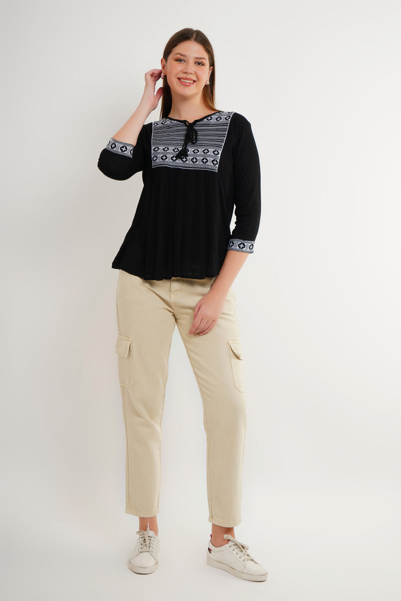 MeQueen Women’s Black Color Top with White Lace Work