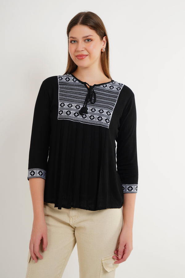 MeQueen Women’s Black Color Top with White Lace Work