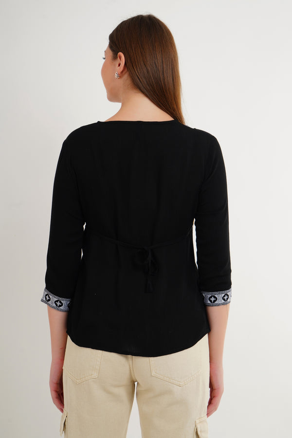 MeQueen Women’s Black Color Top with White Lace Work