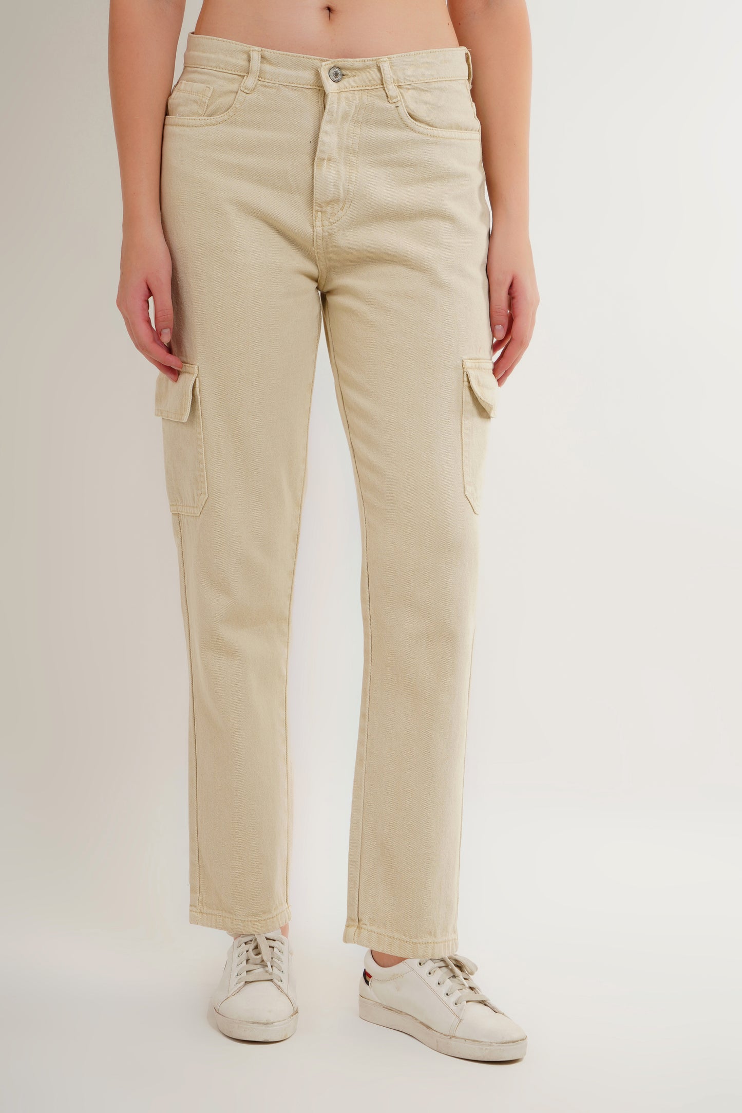 MeQueen High Rise Cargo Style Beige Color Jeans