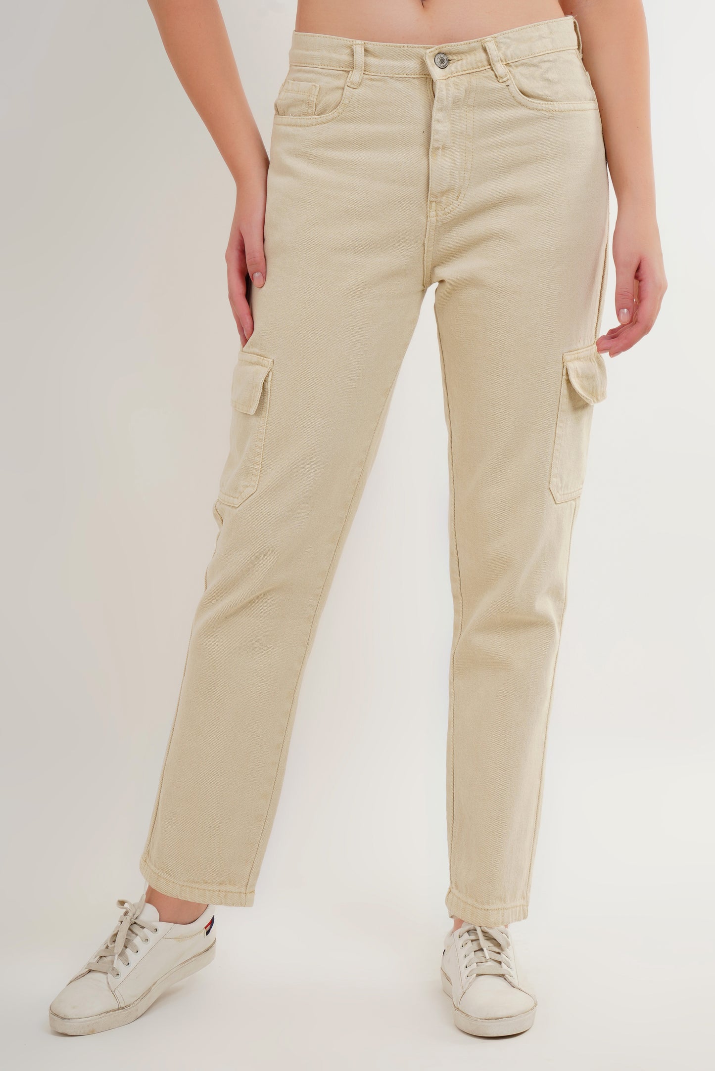 MeQueen High Rise Cargo Style Beige Color Jeans