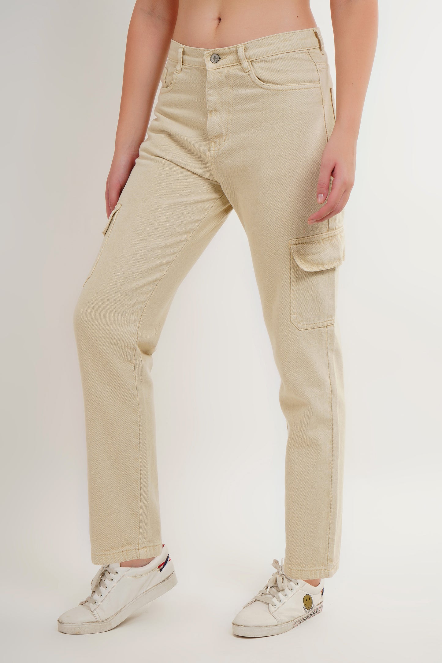 MeQueen High Rise Cargo Style Beige Color Jeans