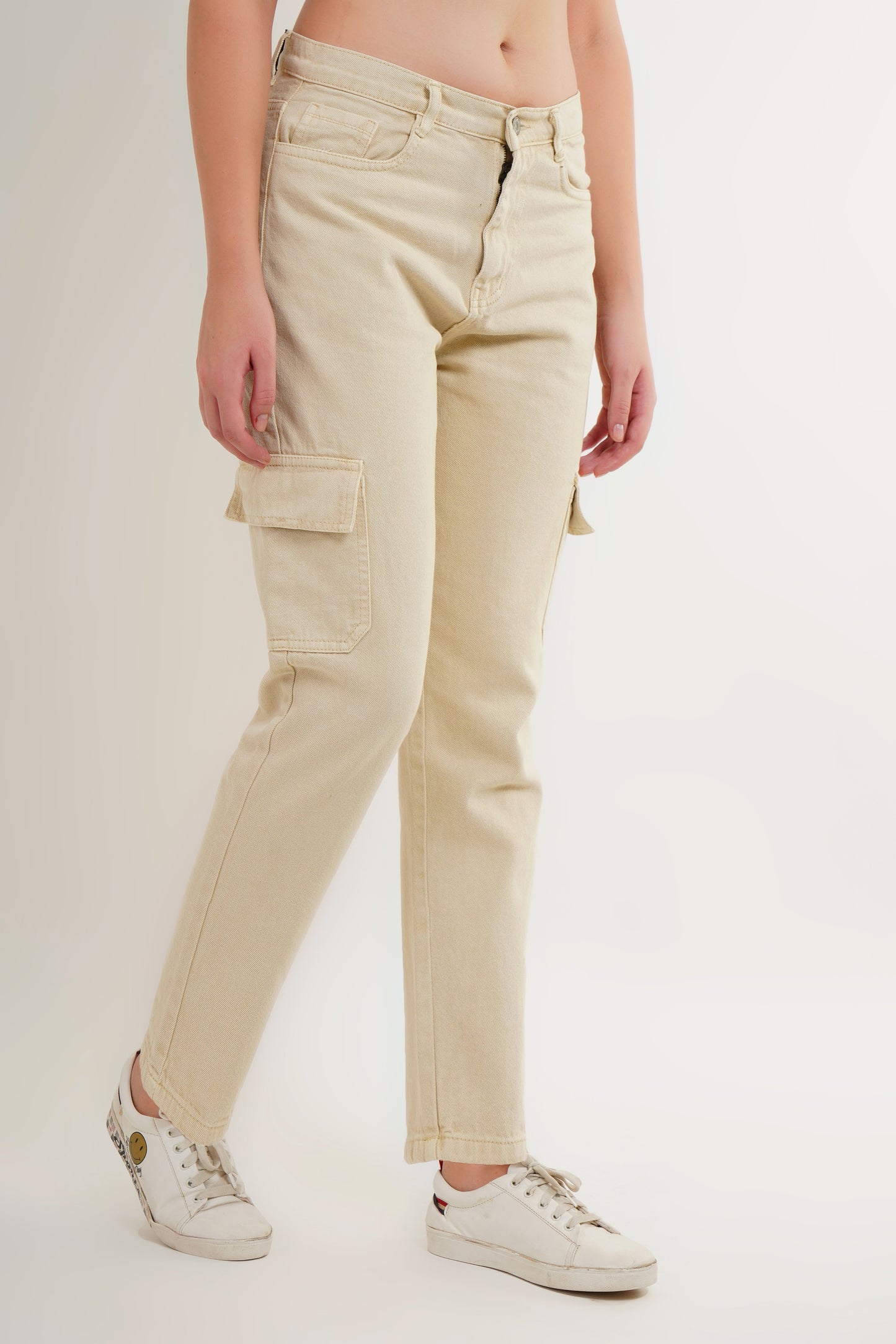 MeQueen High Rise Cargo Style Beige Color Jeans