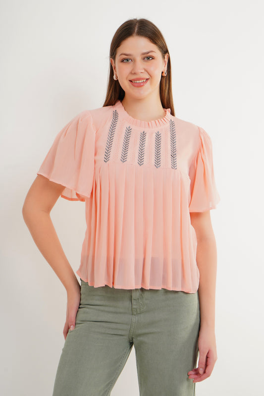 MeQueen Women Ruffled Neck Pink Embroidered Top with Thread Work