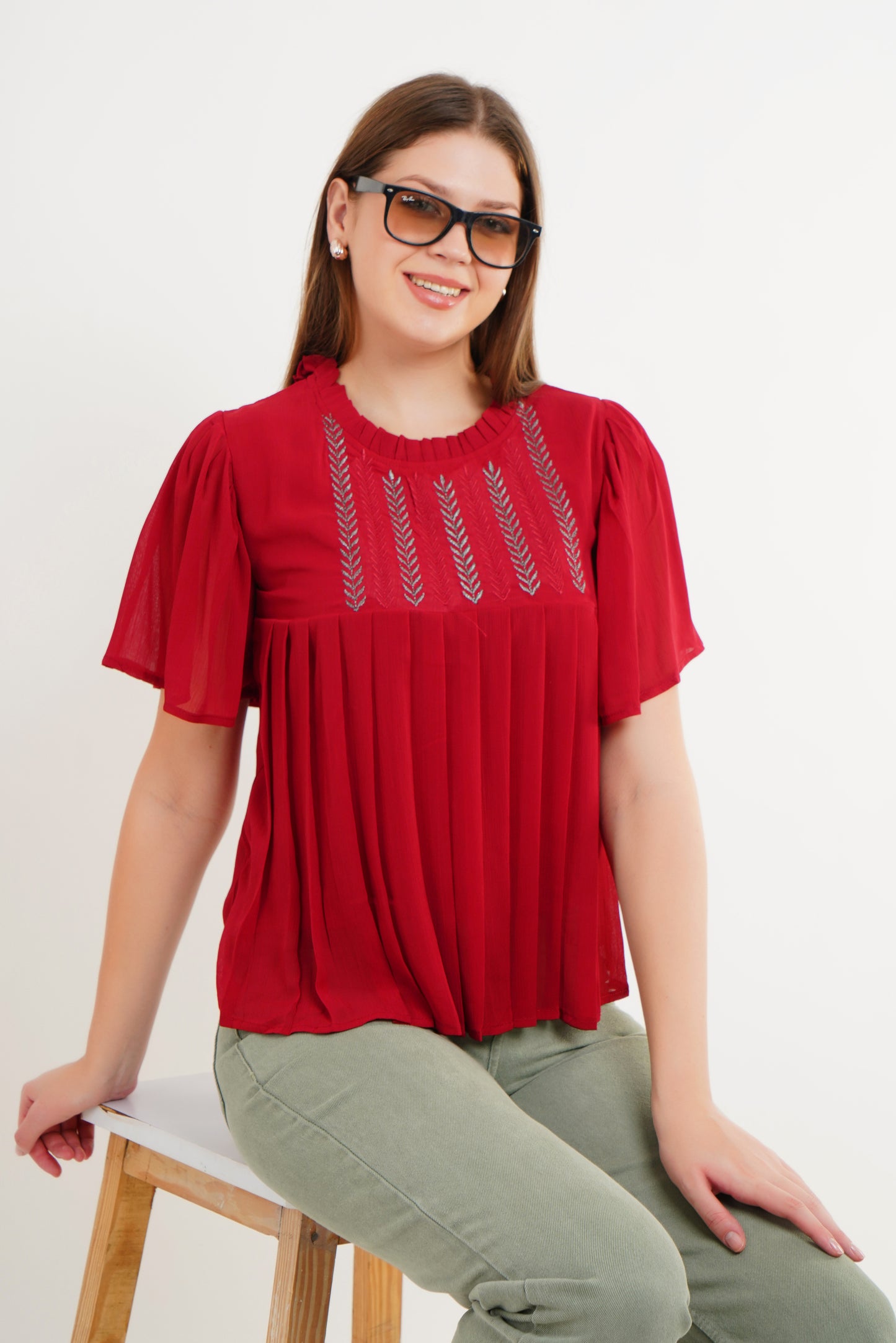 MeQueen Women Ruffled Neck Red Embroidered Top with Thread Work