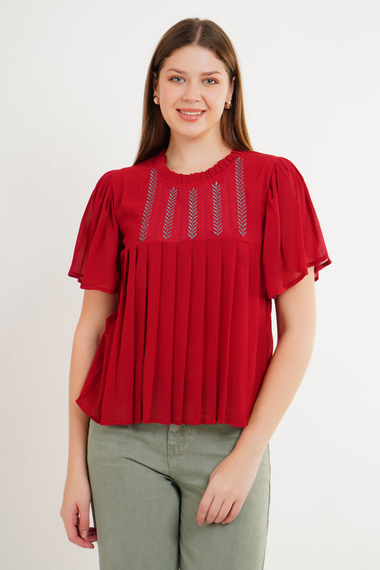 MeQueen Women Ruffled Neck Red Embroidered Top with Thread Work