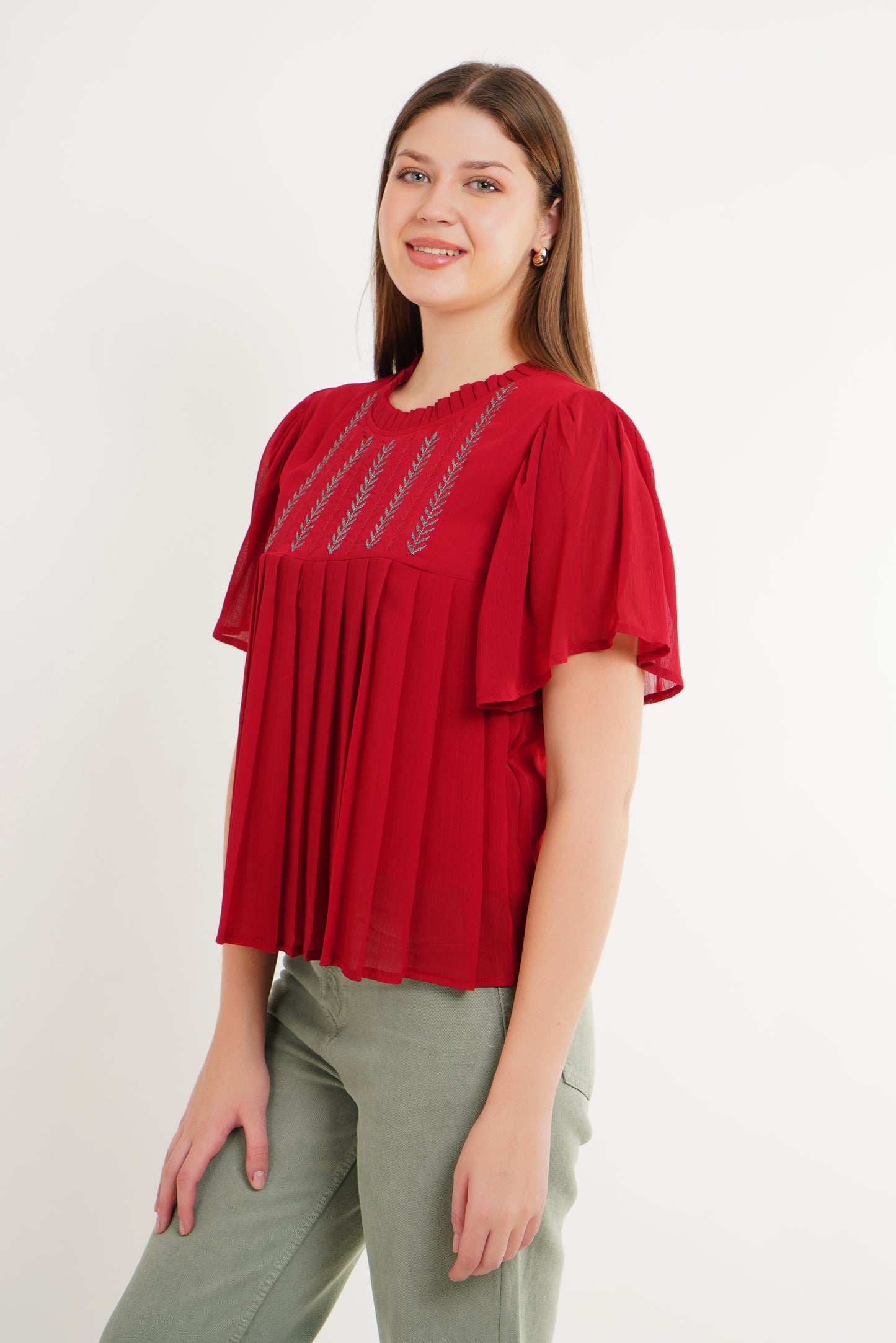 MeQueen Women Ruffled Neck Red Embroidered Top with Thread Work