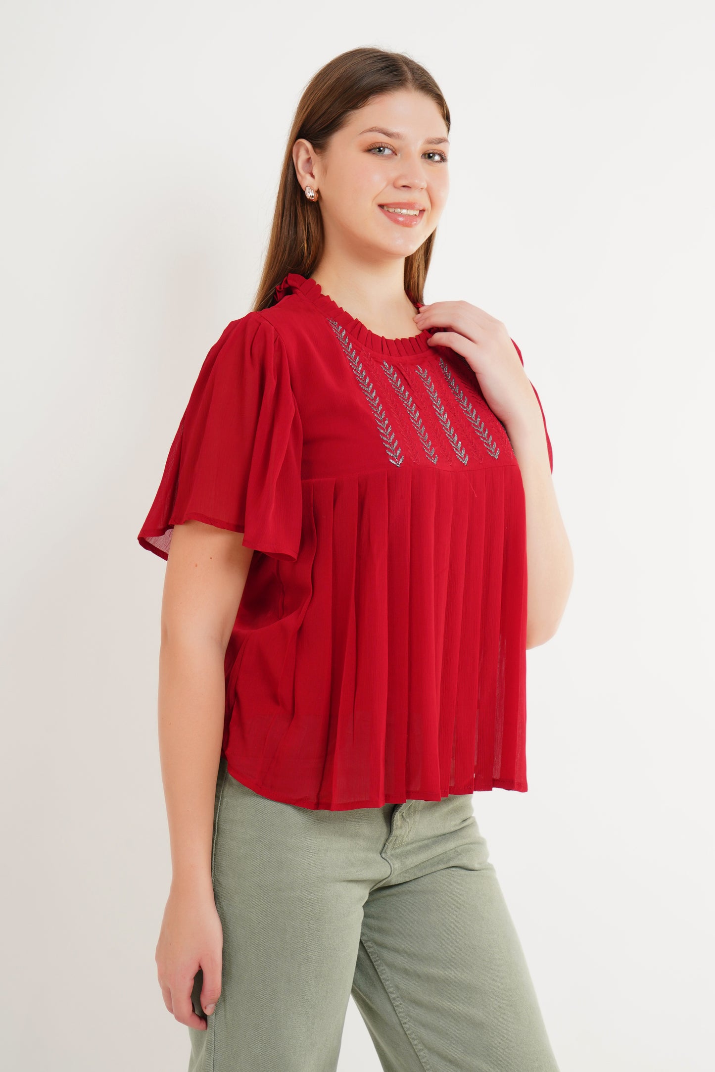 MeQueen Women Ruffled Neck Red Embroidered Top with Thread Work