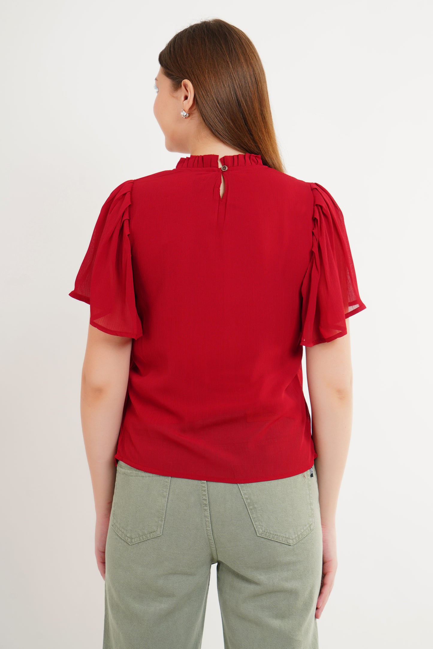 MeQueen Women Ruffled Neck Red Embroidered Top with Thread Work