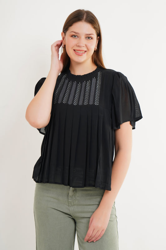 MeQueen Women Ruffled Neck Black Embroidered Top with Thread Work