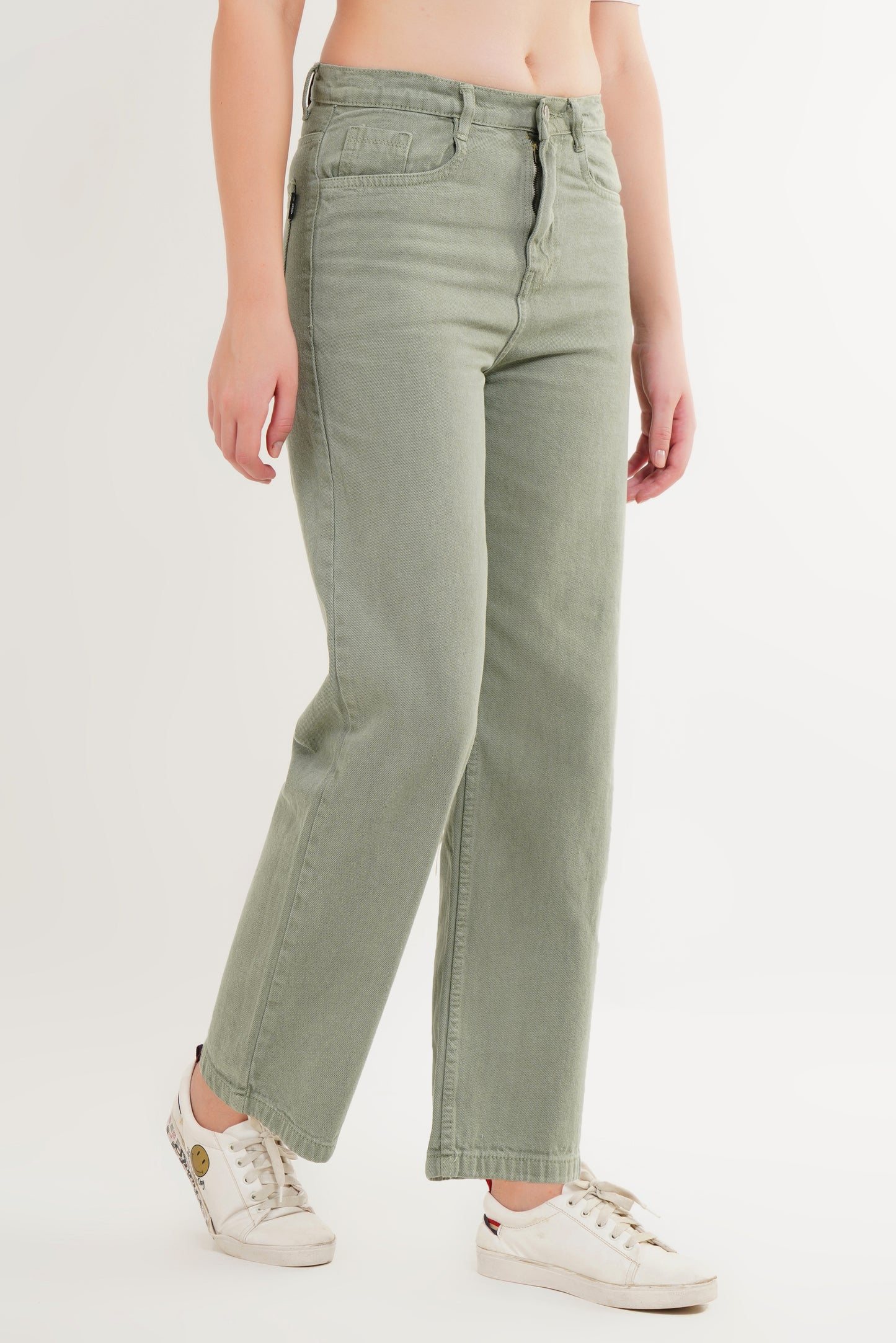 MeQueen High Rise Loose Fit Wide Leg Green Color Jeans